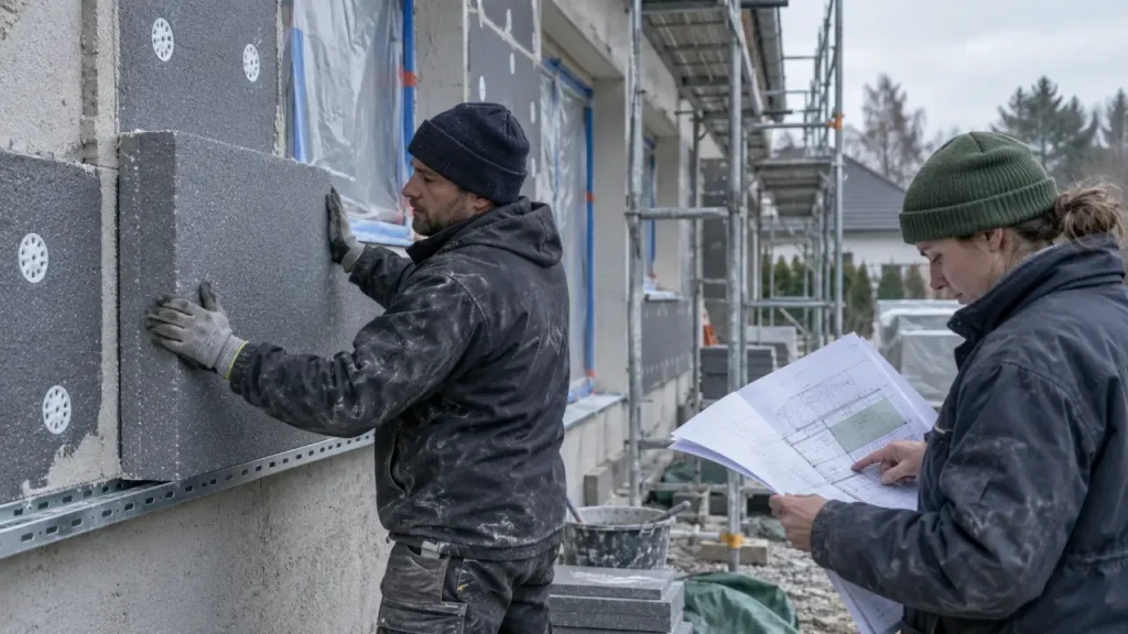 Devis isolation exterieur maison : technicien pose isolant sur façade