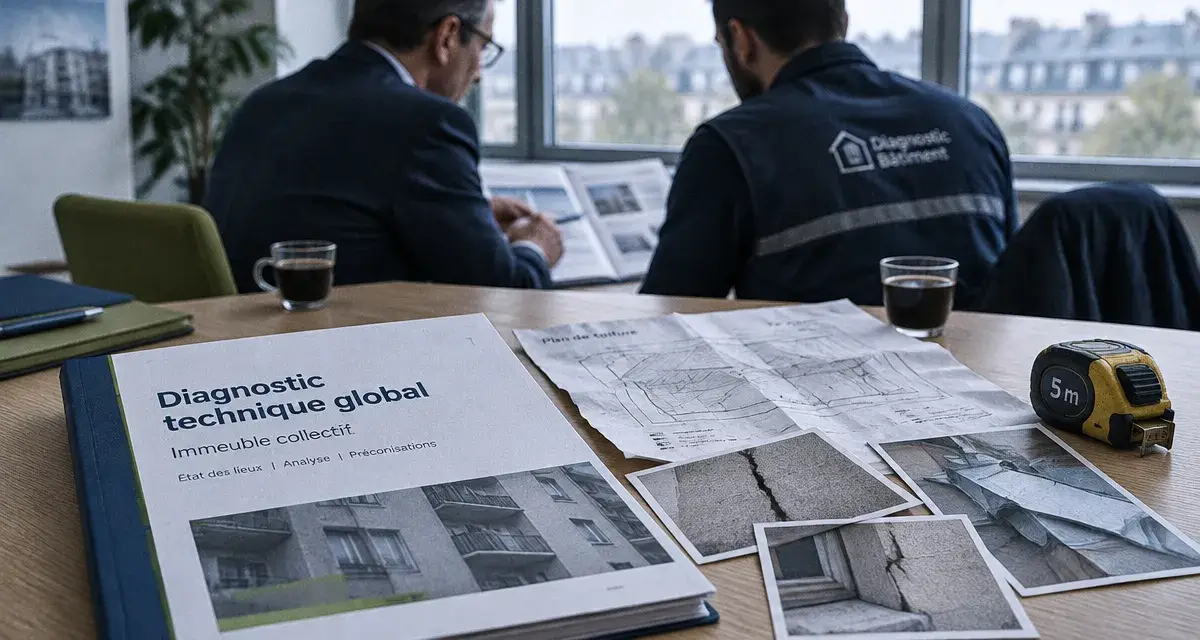 Diagnostic technique global avant vote, dossier sur table en réunion.