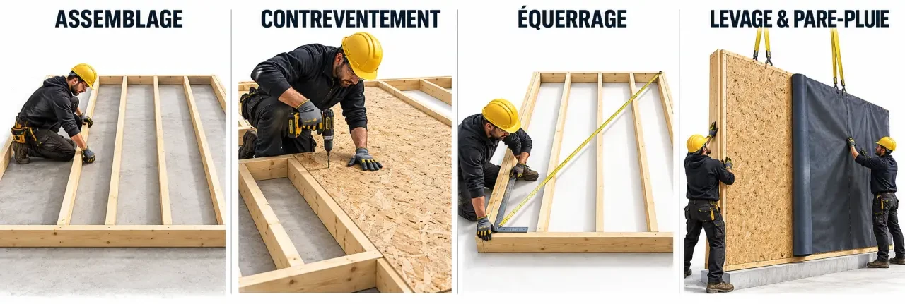 Étapes de construction d’un mur ossature bois avec assemblage, contreventement et levage