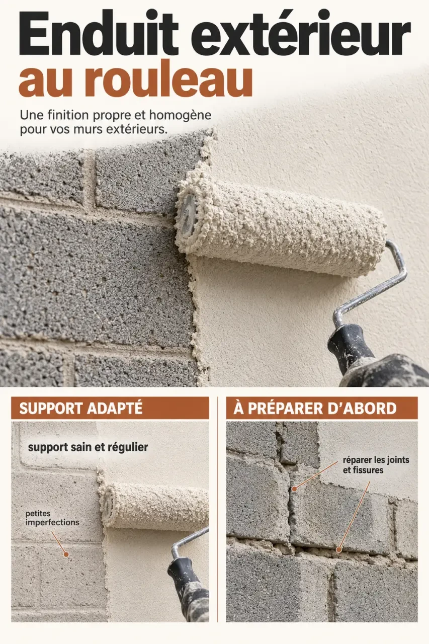 Enduit extérieur au rouleau appliqué sur un mur en parpaings avec préparation du support