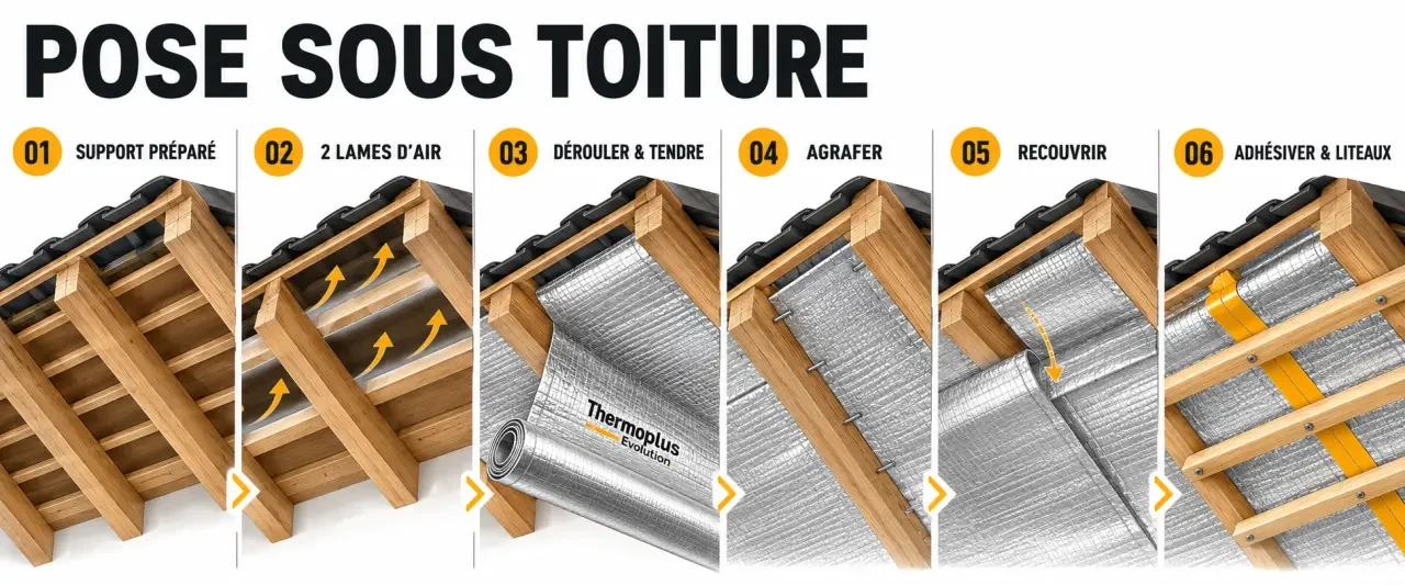 Illustration des étapes pour comment installer isolant multicouche Thermoplus Evolution sous une toiture