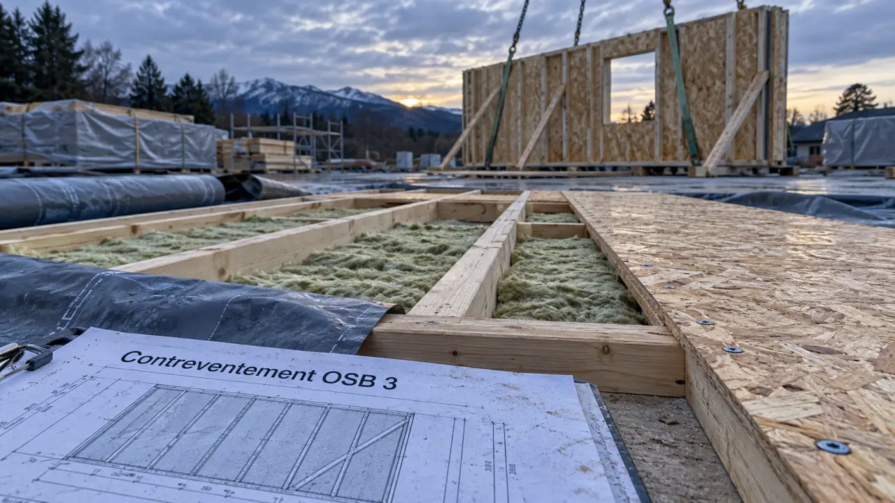 Mur ossature bois avec contreventement OSB 3 sur chantier