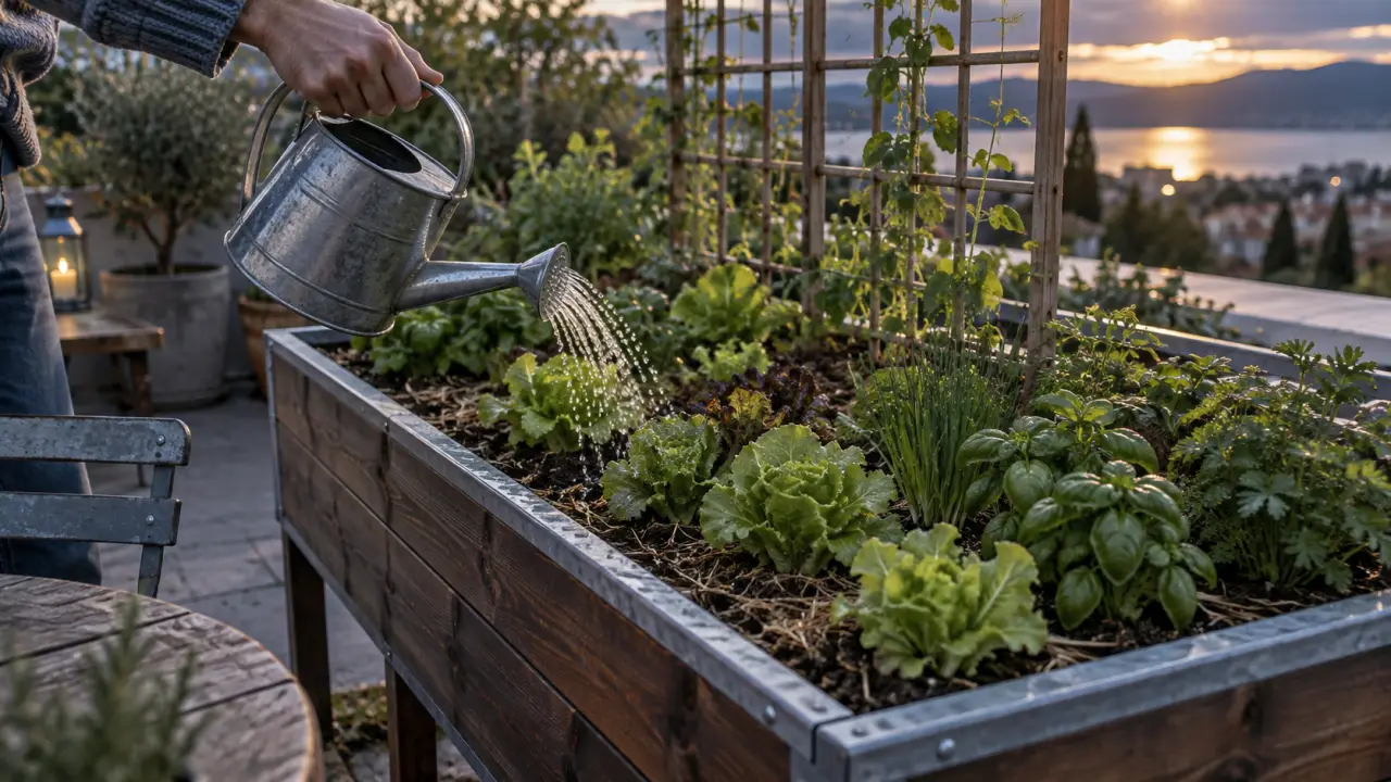Potager en hauteur avec bacs en bois et salades