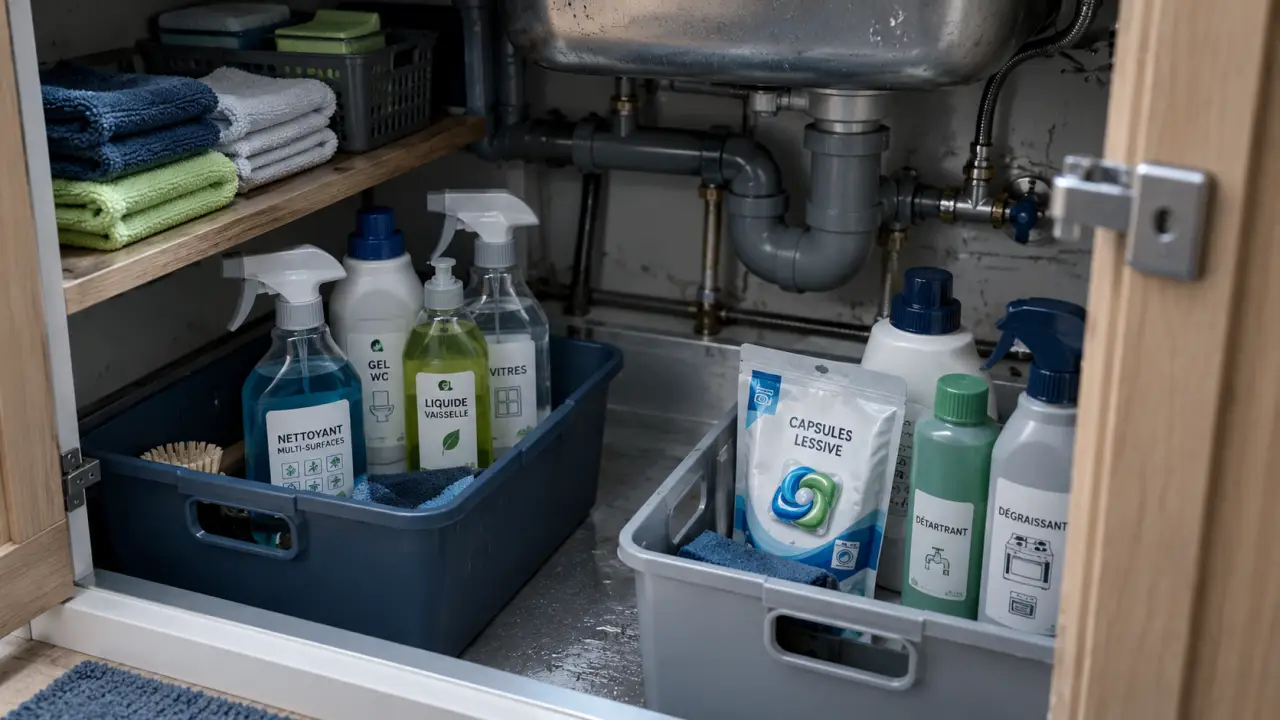 Ranger produits ménagers sous l’évier en sécurité, bacs et flacons étiquetés