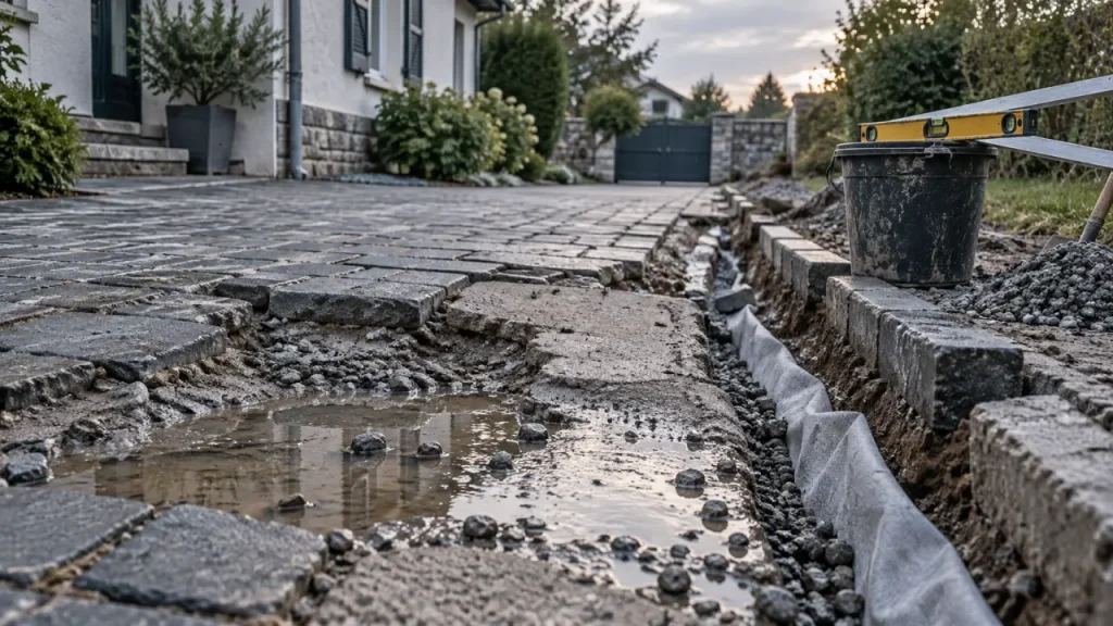 Rénovation allée maison : pavés affaissés et évacuation d’eau à refaire