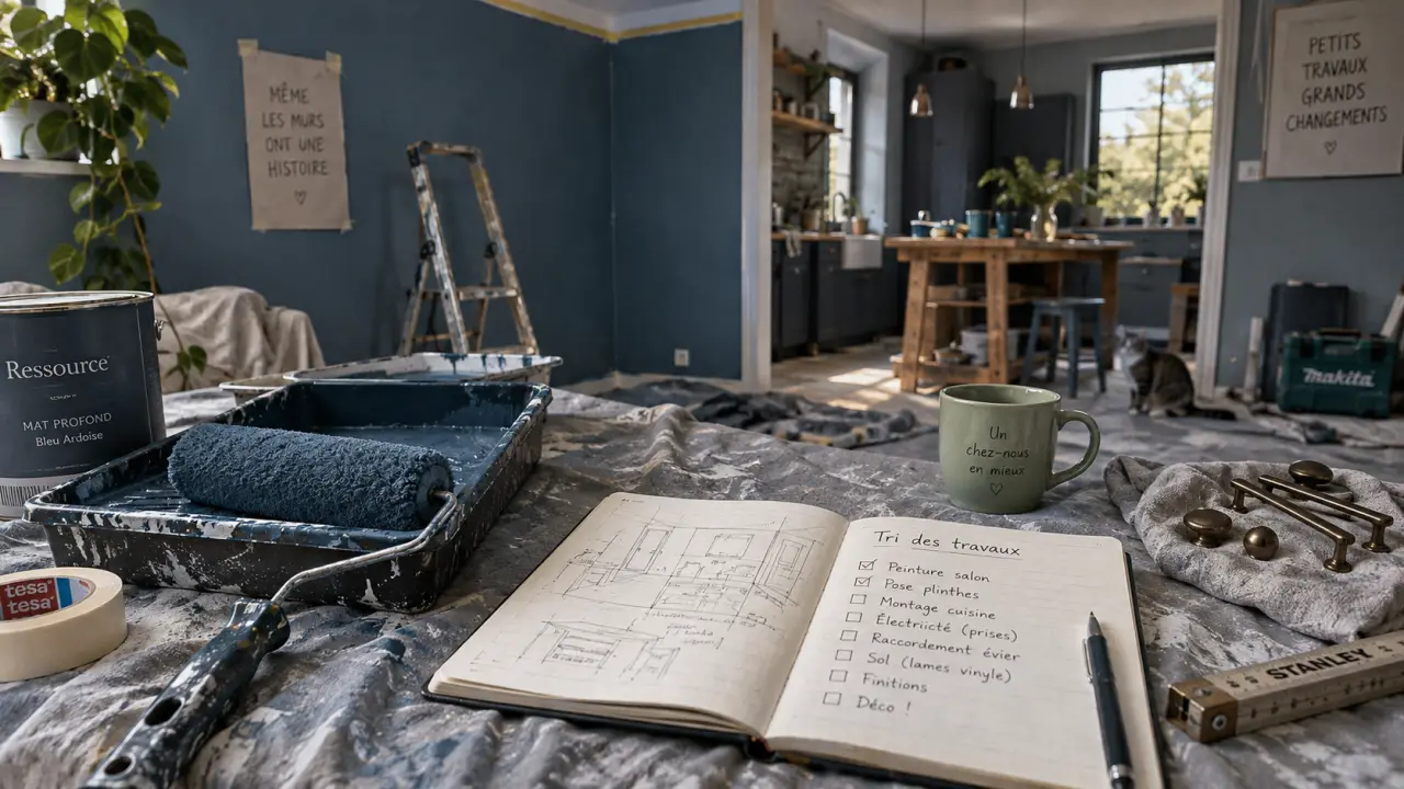 Rénovation pas cher : mur bleu ardoise peint, rouleau et bacs à peinture
